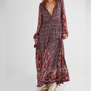 Free People Happy Feelings print long sleeve maxi dress XS red black bohemian
